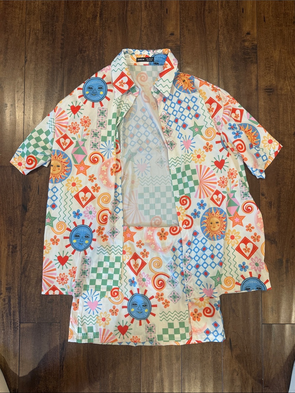 Multicolor Patterned Short Sleeve Shirt and Skirt Set